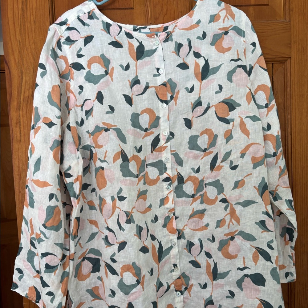RACHEL ZOE Women 1X 100% Linen Floral Button Tunic Top 3/4 Roll Tab Sleeve
